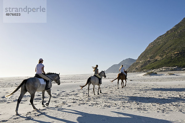 3 Personen auf Pferden am Strand