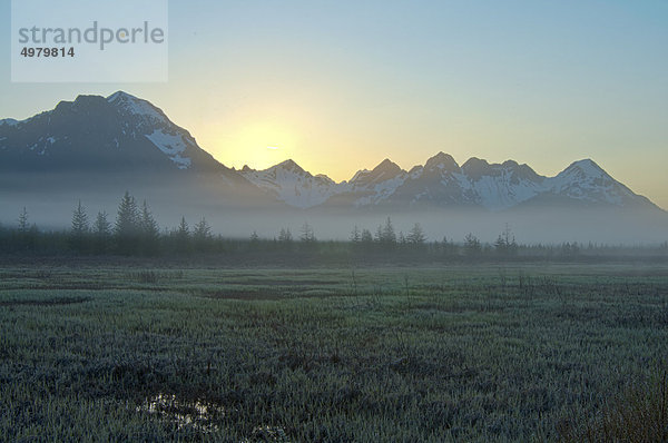 Morgennebel hängt auf dem Boden in der Nähe der Autobahn Copper River als die Sonne aufgehen über der Chugach Mountains  Chugach National Forest  South Central Alaska  Frühling. ID3