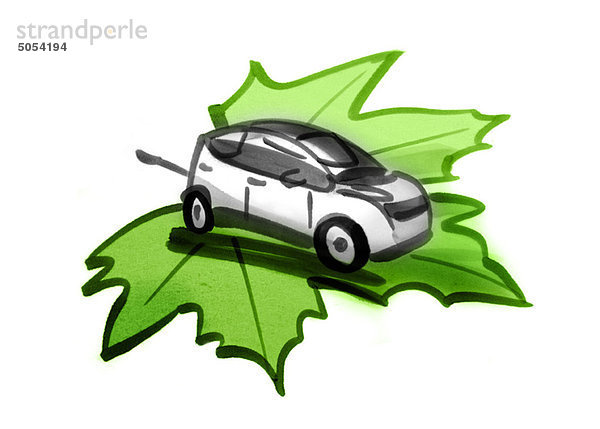 Elektroauto mit Elektrokabel auf grünem Blatt