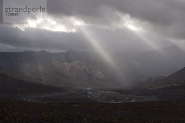 Lichtstrahlen durchscheinen Regenwolken über Polychromie Pass und Toklat River Valley. Denali-Nationalpark in Alaska  Nordamerika.