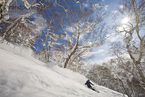 Japanische Snowboarder genießen frisch Pulver in Niseko Backcountry  Hokkaido  Japan