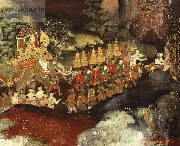 Detail einer Wandmalerei zeigt König Sanjaya Reisen auf Elefanten zurück (Vessantara Jataka) Wat Suwannaram  Thonburi  Thailand.
