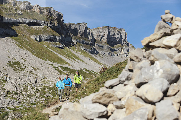 Österreich  Kleinwalsertal  Bergwandergruppe mit Steinhaufen im Vordergrund