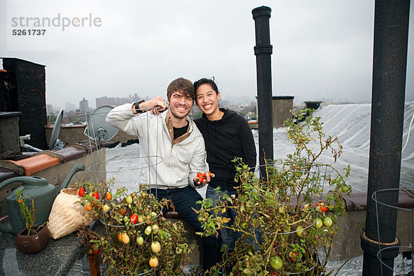 Young couple on Dach Garten wachsen Tomaten