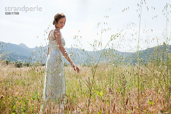 Braut brautkleid allein im Feld tragen