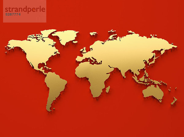 Goldene Weltkarte auf rotem Hintergrund