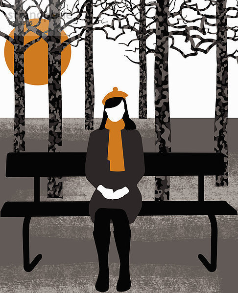 Frau in einem Mantel sitzt auf einer Parkbank