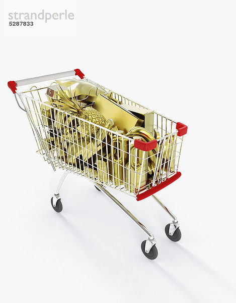 Einkaufswagen gefüllt mit goldenen Lebensmitteln