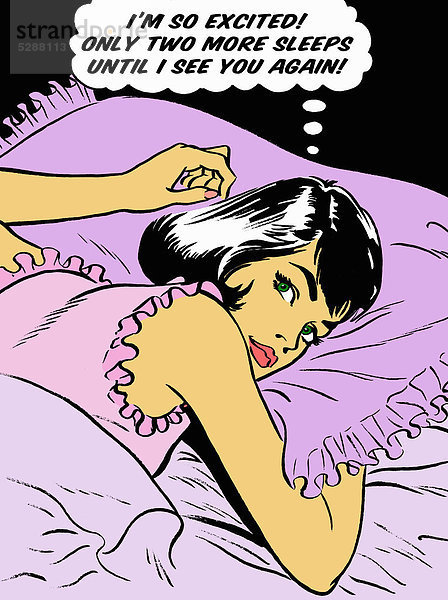 Aufgeregte Frau im Bett denkt in einer Gedankenblase