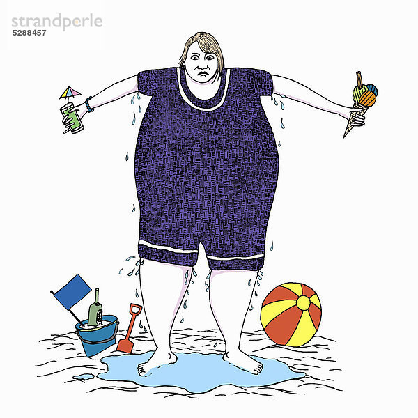 Schwitzende übergewichtige Frau im Badeanzug
