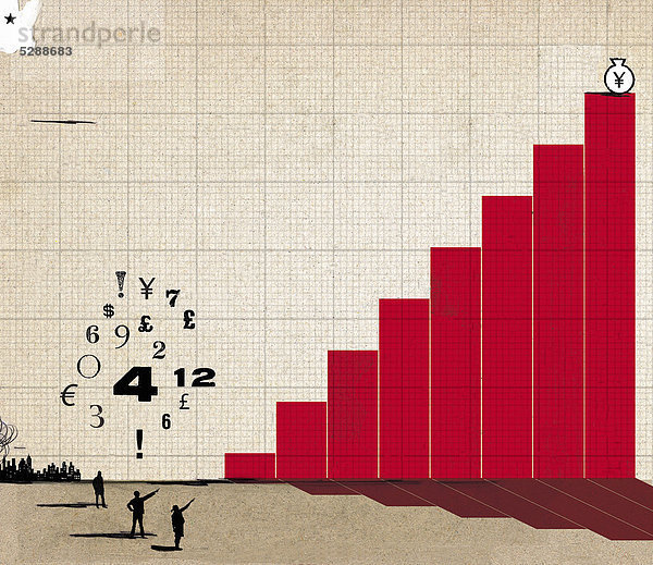Menschen zeigen auf einen Geldsack auf einem Balkendiagramm