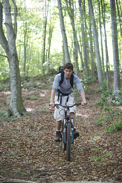 Mann auf dem Fahrrad im Wald
