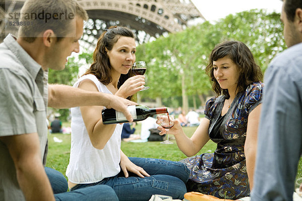 Freunde genießen Wein beim Picknick am Eiffelturm  Paris  Frankreich