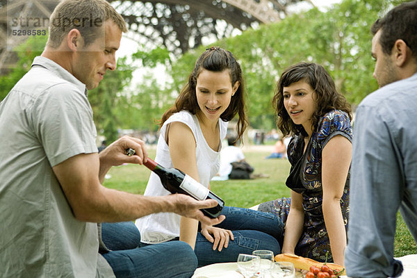 Freunde genießen Picknick im Freien  bewundern Flasche Wein