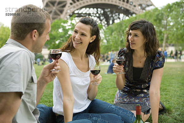 Freunde genießen Wein beim Picknick am Eiffelturm  Paris  Frankreich