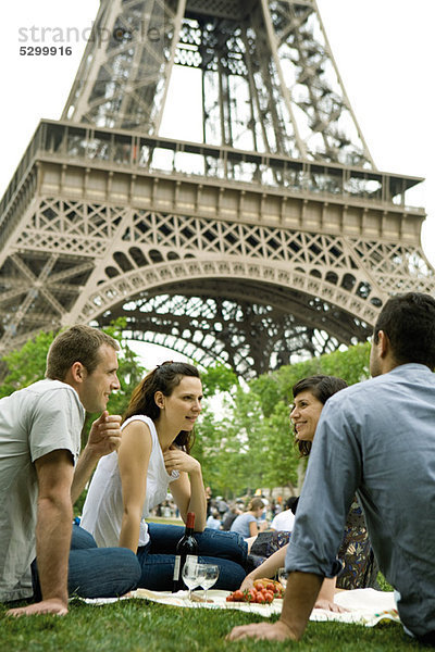 Touristen beim Picknick am Eiffelturm  Paris  Frankreich