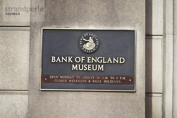Bank of England Museum  Schild  London  England  Großbritannien  Europa