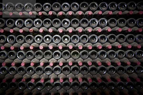 Weinflaschen im Weinmuseum in La Geria  wo der Wein in vulkanischer Asche wächst  eine weltweit einzigartige Produktionsweise  Lanzarote  Kanarische Inseln  Spanien  Europa