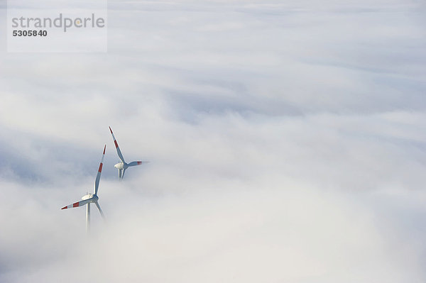 Windturbine Windrad Windräder nahe Europa Berg Wald schwarz Nebel Zunge herausstrecken Freiburg im Breisgau Deutschland Schauinsland Baden-Württemberg