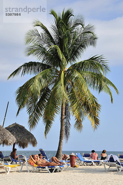 Badegäste und Palmen am Strand Playa AncÛn  bei Trinidad  Kuba  Karibik