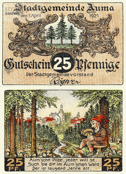 Notgeld aus Auma  Verwaltungsgemeinschaft Auma-Weidatal  25 Pfennig  Vorder- und Rückseite  Motiv Zwerg mit Pilz im Wald  Deutschland  Europa  1921