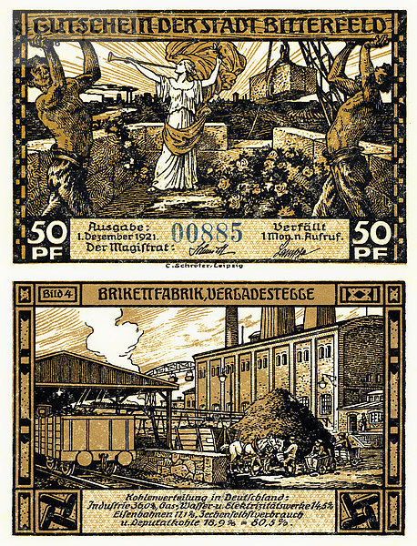 Notgeld aus Bitterfeld  50 Pfennig  Vorder- und Rückseite  Motiv Brikettfabrik und Kohlenverteilung  Deutschland  Europa  1921