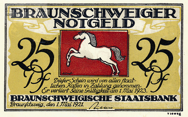 Notgeld aus Braunschweig  Braunschweiger Staatsbank  25 Pfennig  Deutschland  Europa  1921