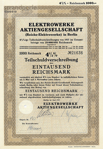 Schuldverschreibung über 1000 Reichsmark  Elektrowerke Aktiengesellschaft Berlin  EWAG  auch Reichs-Elektrowerke genannt  staatlicher Energieversorgungskonzern  heute ein Teil von E.ON  Deutschland  Europa  1937