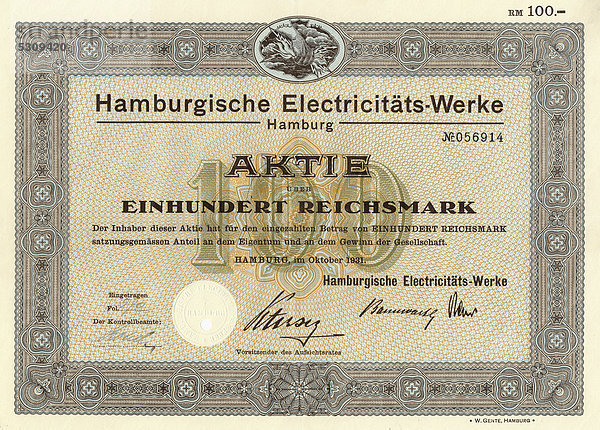 Historische Aktie über 100 Reichsmark  Hamburgische Electricitäts-Werke  HEW  ein Unternehmen zur Strom- und Fernwärmeversorgung  Hamburg  heute ein Teil von Vattenfall Europe  Hamburg  Deutschland  Europa  1931