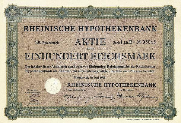 Historische Aktie über 100 Reichsmark  Rheinische Hypothekenbank  Mannheim  Deutschland  Europa  1928