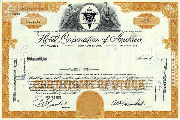 Historische Aktie  Hotel Corporation of America  HCA  HOTEL  MOTOR HOTEL  RESTAURANT  New York  1958  USA