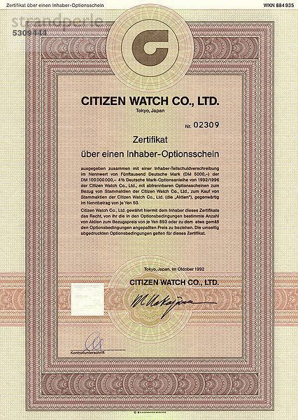 Historisches Wertpapier  japanischer Inhaber-Optionsschein  japanischer Uhren- und Uhrwerkehersteller  Citizen Watch Co.  Ltd.  1992  Tokio  Japan  Asien