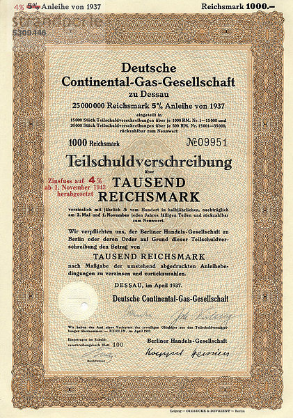 Historisches Wertpapier  Teilschuldverschreibung über 1000 Reichsmark  1937  Deutsche Continental-Gas-Gesellschaft  Dessau  heute Contigas Deutsche Energie AG  E.ON-Konzern  Deutschland  Europa