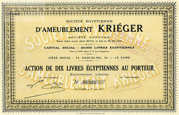 Historisches Wertpapier  Aktie  Möbel  Societe Egyptienne d'Ameublement Krieger  1923  Kairo  Ägypten  Afrika
