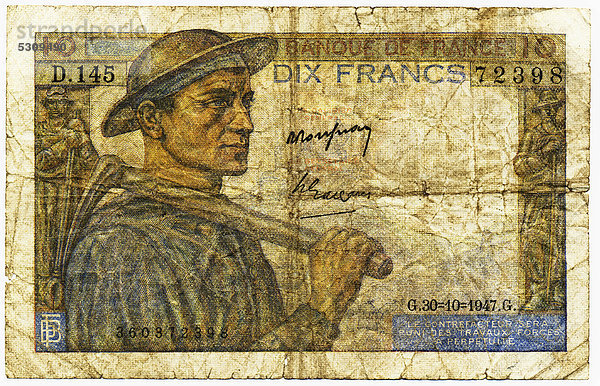 Historische Banknote  10 Franc  1942  Motiv Bergmann  Frankreich  Europa