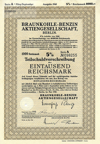 Historisches Wertpapier  Teilschuldverschreibung über 1000 Reichsmark  1940  Braunkohle-Benzin Aktiengesellschaft  BRABAG  Berlin  Deutschland  Europa