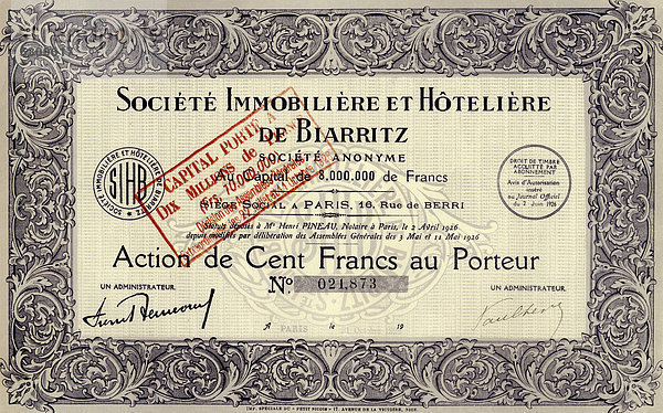 Historisches Wertpapier  Aktie der französischen Immobilien und Hotels über 100 Franc  Societe Immobiliere et Hoteliere de Biarritz  Paris  Frankreich  1927