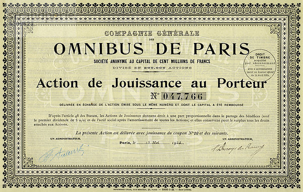 Historisches Wertpapier  Aktie  Busverkehr in Paris  100 Franc  Omnibus de Paris  Paris  Frankreich  1924