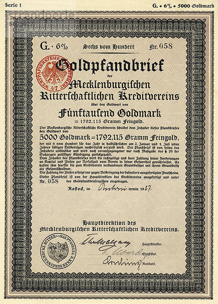 Historisches Wertpapier  Goldpfandbrief des Mecklenburgischen Ritterschaftlichen Kreditvereins über 5000 Goldmark  Rostock  1927  Deutschland  Europa