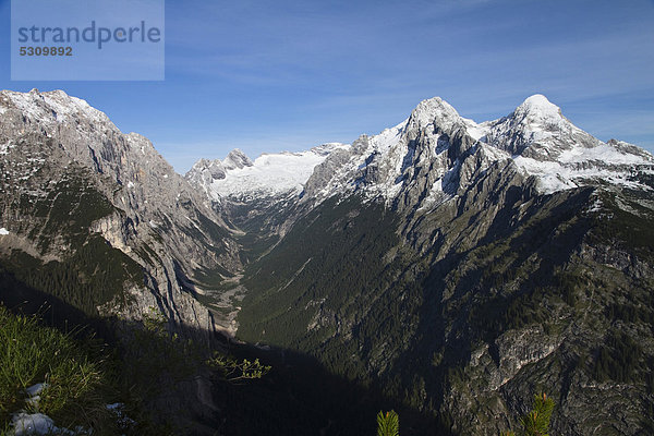 Blick vom Schachen ins Reintal und auf Zugspitzplatt  Hochblassen und Alpspitze  Wettersteingebirge  Alpen  Oberbayern  Bayern  Deutschland  Europa