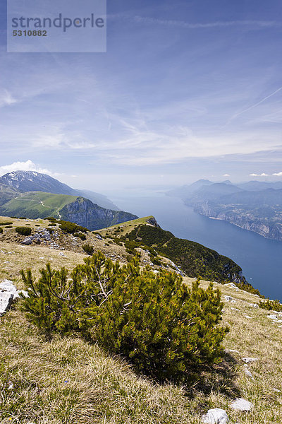 Ausblick vom Monte Altissimo oberhalb von Nago  unten der Gardasee  hinten der Monte Baldo  Trentino  Italien  Europa