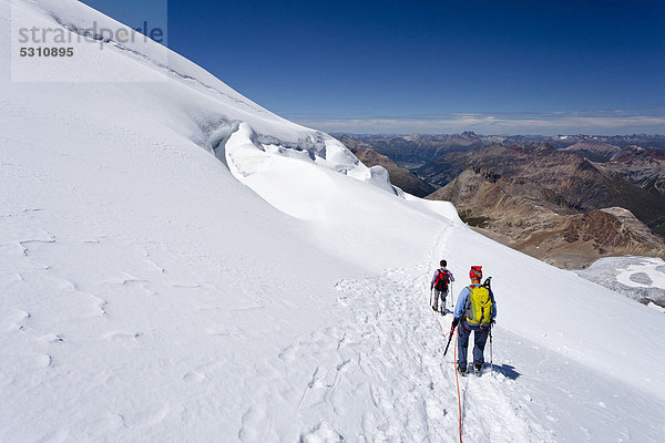 Bergsteiger beim Abstieg vom Piz Palü in der Gletscherlandschaft  Graubünden  Schweiz  Europa