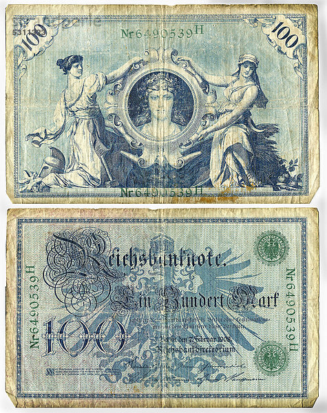Reichsbanknote  Vorderseite und Rückseite  100 Mark  Deutschland  um 1908
