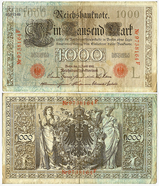 Alte Banknote  Vorderseite und Rückseite  Reichsbanknote  1000 Mark  Reichsbankdirektorium  Reichsbankhauptkasse  um 1910