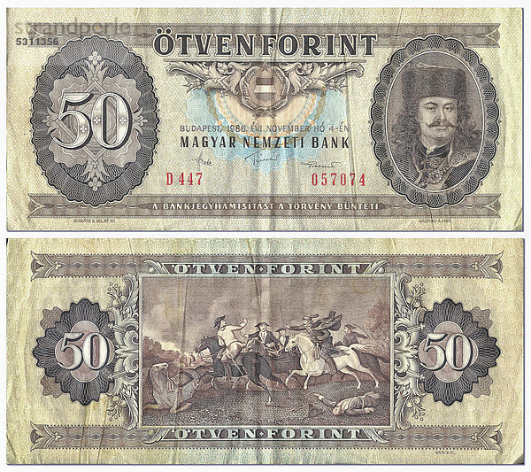 Alte Banknote  Vorderseite und Rückseite  50 Forint  Ungarn  Magyar Nemzeti Bank