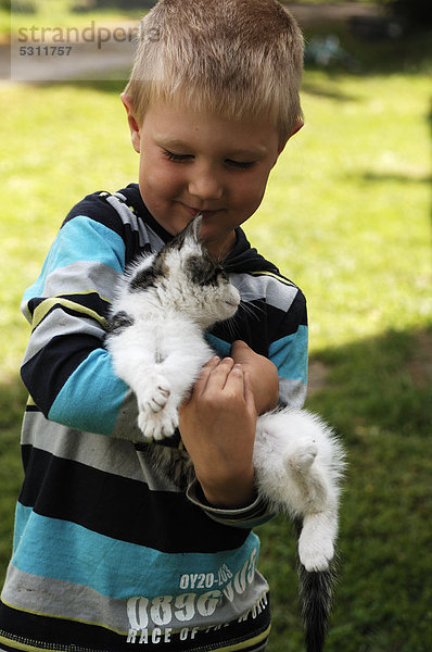 Kleiner Junge  4 Jahre  mit einer kleinen Katze auf dem Arm  Othenstorf  Mecklenburg-Vorpommern  Deutschland  Europa