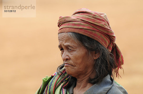 Alte Frau mir Kopftuch  Porträt  am Bolaven Plateau im Süden von Laos  Südostasien  Asien