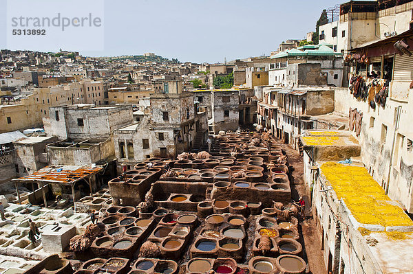 Traditionelle Gerberei mit Gerber- und Färbebottichen  Altstadt oder Medina von Fes  UNESCO Weltkulturerbe  Marokko  Afrika