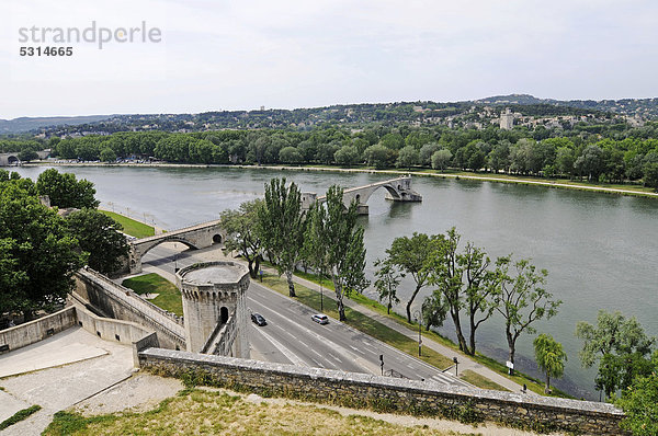 Aussicht auf die Rhone von dem Rocher des Doms  Stadtpark  Berg  Brücke  Avignon  Provence  Südfrankreich  Frankreich  Europa