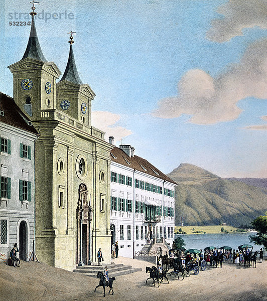 Schloss und ehemalige Klosterkirche der Benediktiner  Tegernsee  historischer Stahlstich  19. Jh.  Oberbayern  Bayern  Deutschland  Europa